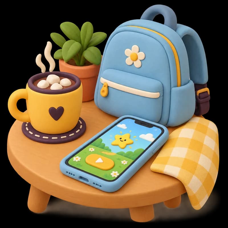Un téléphone posé sur la table de la cuisine, à côté d'un chocolat chaud et d'un cartable